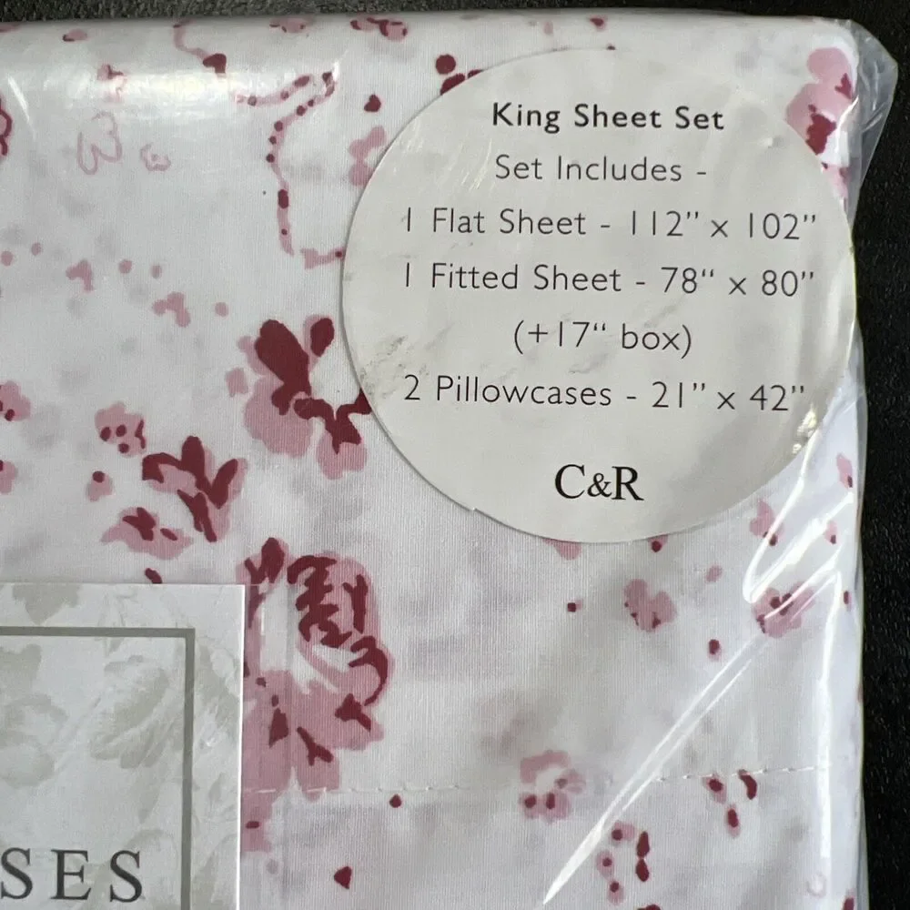 Cabbages & Roses King 4pc Sheet Set Pink White Floral New Penny Raspberry NEW